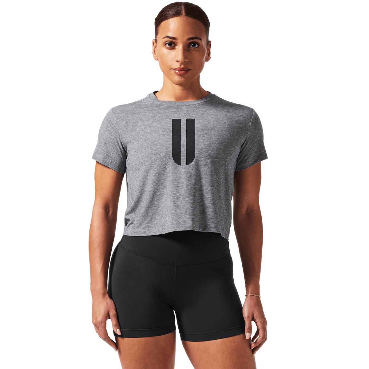 Women's Heather Grey U Boxy Tee Front Angle.