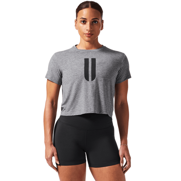 Women's Heather Grey U Boxy Tee Front Angle.