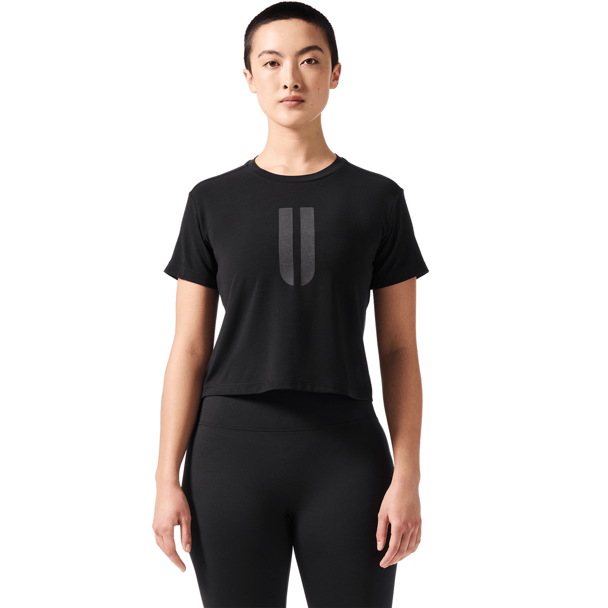 Women's Black U Boxy Tee Front Angle.
