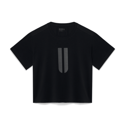 Women's Black U Boxy Tee Flat Lay Angle.