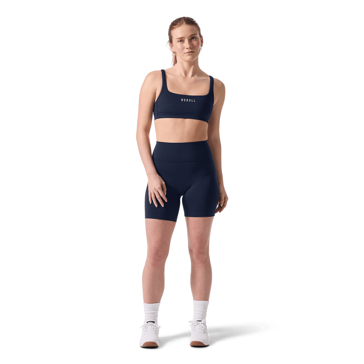Women's Night Navy U High-Rise Matte Short 6" Front On Body Angle.
