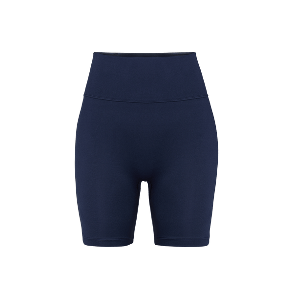 Women's Night Navy U High-Rise Matte Short 6" Front Silhouette Angle.