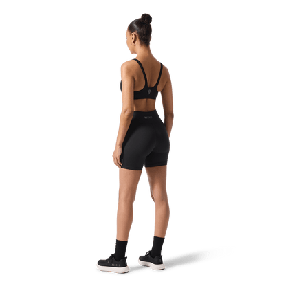 Women's Black U High-Rise Matte Short 6" Back Full Body Angle.