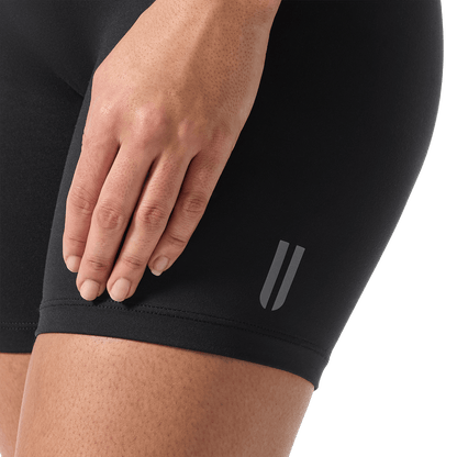Women's Black U High-Rise Matte Short 6" U Logo Detail Angle.