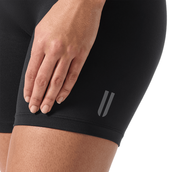 Women's Black U High-Rise Matte Short 6" U Logo Detail Angle.