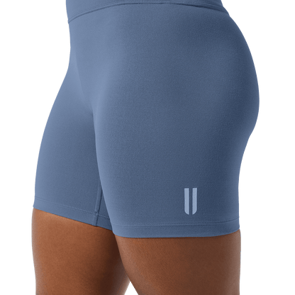 Women's Dusty Blue U High-Rise Matte Short 6" Logo Detail Angle.