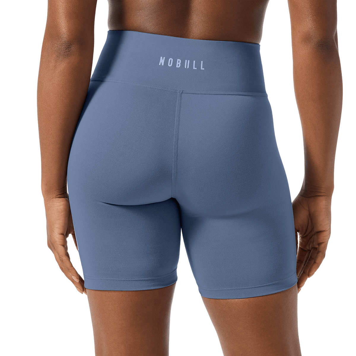 Women's Dusty Blue U High-Rise Matte Short 6" Back Detail Angle.