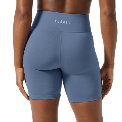 Women's Dusty Blue U High-Rise Matte Short 6" Back Detail Angle.