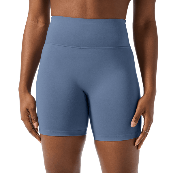 Women's Dusty Blue U High-Rise Matte Short 6" Front Detail Angle.