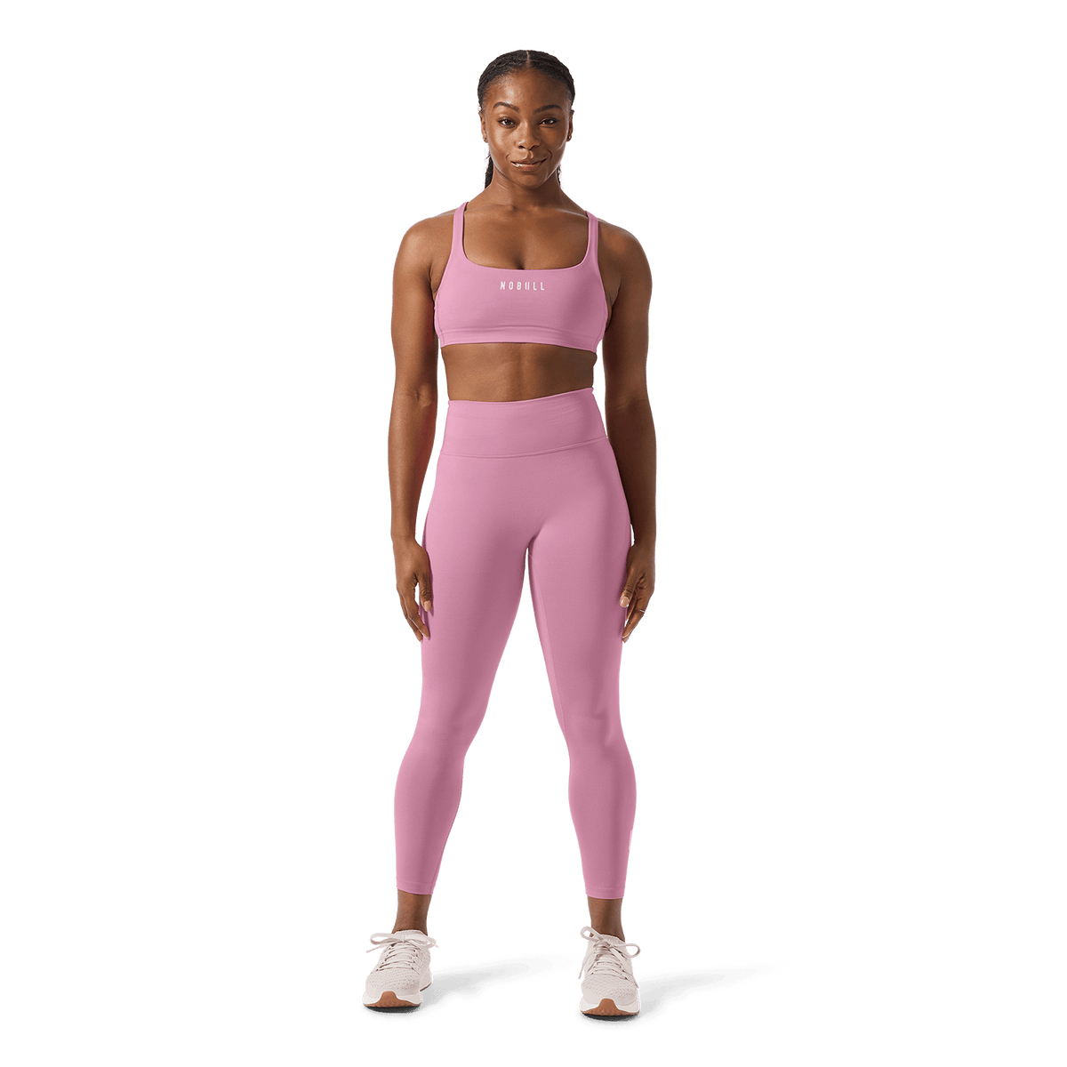 Women's Soft Pink U High-Rise Matte Tight 25" Front Full Body Angle.