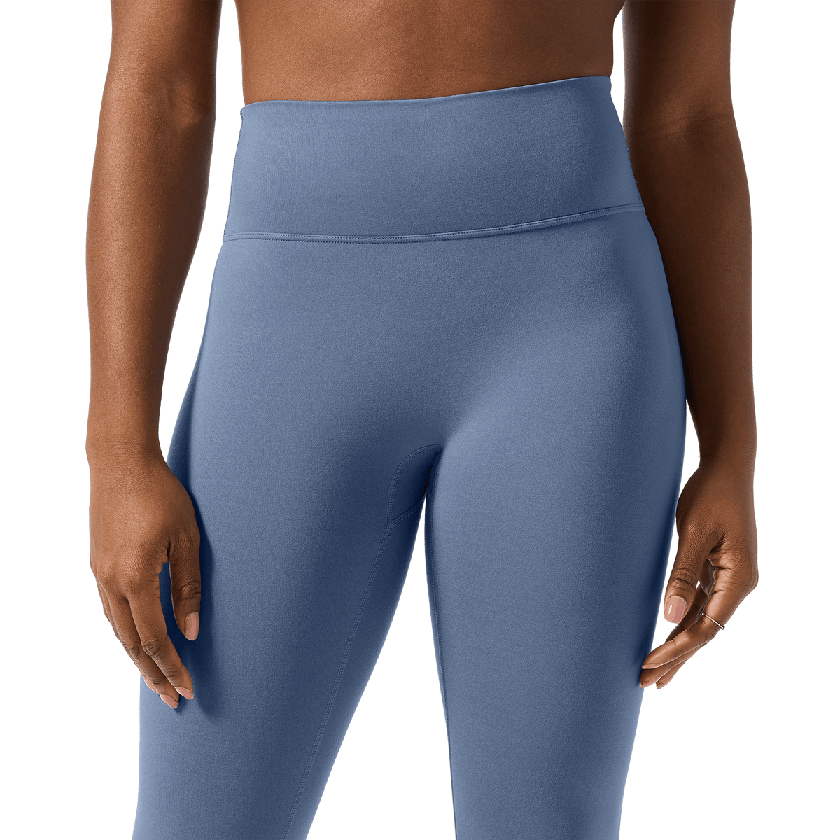 Women's Dusty Blue U High-Rise Matte Tight 25" Front Detail Angle.