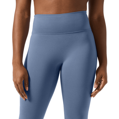 Women's Dusty Blue U High-Rise Matte Tight 25" Front Detail Angle.
