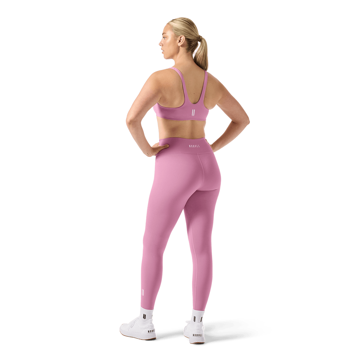 Women's Soft Pink U High-Rise Matte Tight 28" Back Full Body Angle.