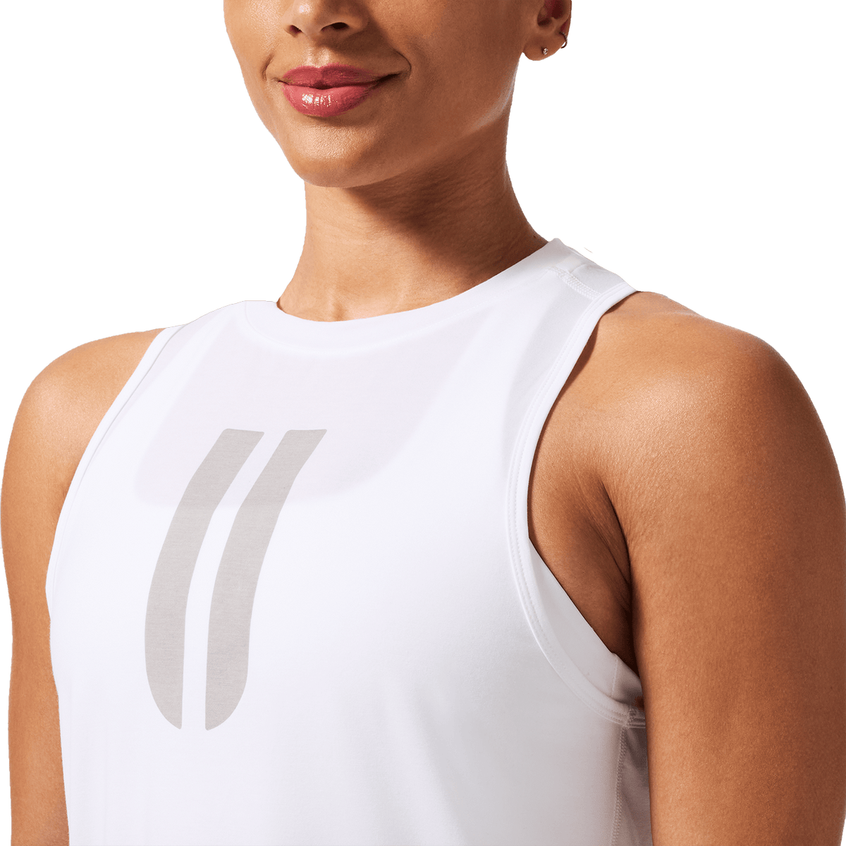 Women's White U Muscle Tank Front Detail Angle.