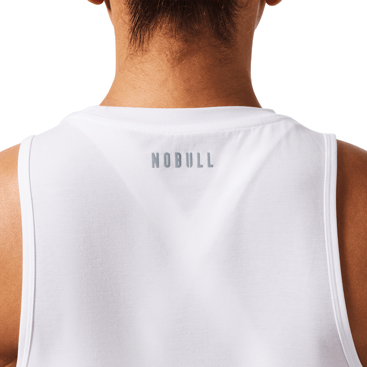 Women's White U Muscle Tank Back Detail Angle.