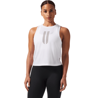 Women's White U Muscle Tank Front Angle.