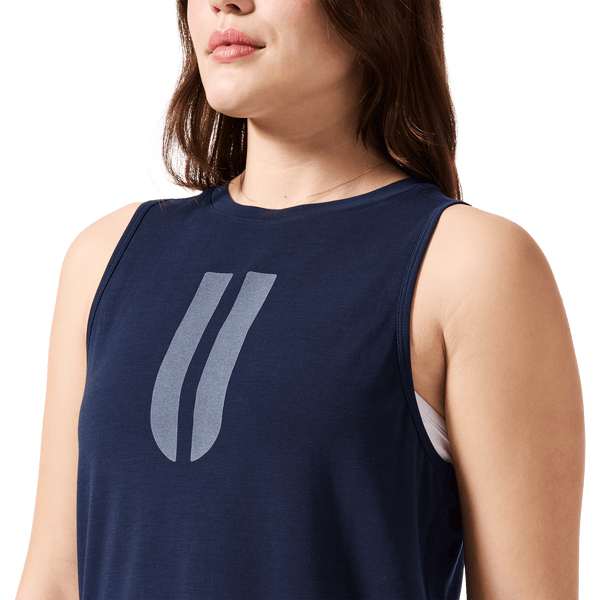 Women's Night Navy U Muscle Tank Front Detail Angle.
