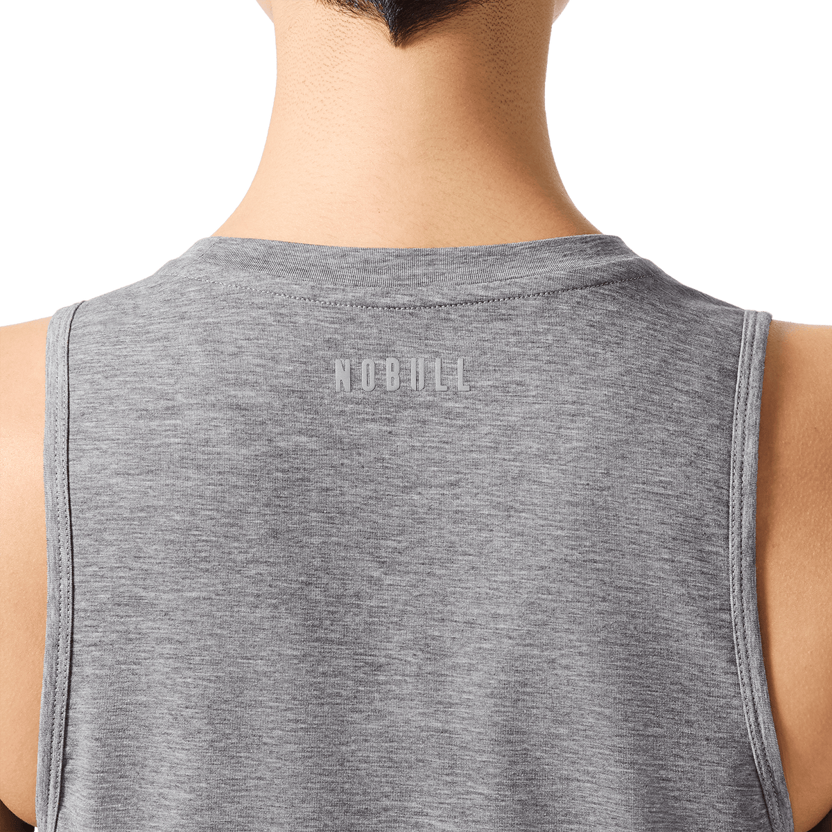 Women's Heather Grey U Muscle Tank Back Detail Angle.