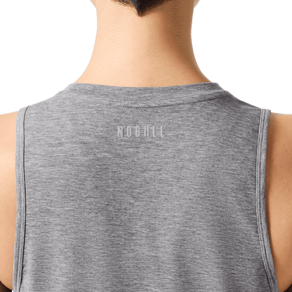 Women's Heather Grey U Muscle Tank Back Detail Angle.