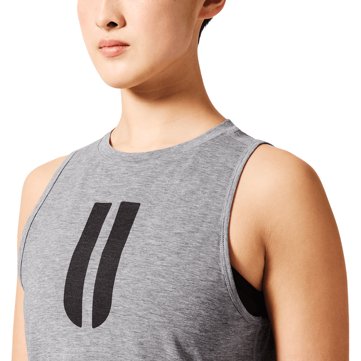 Women's Heather Grey U Muscle Tank Front Detail Angle.
