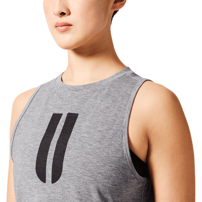 Women's Heather Grey U Muscle Tank Front Detail Angle.