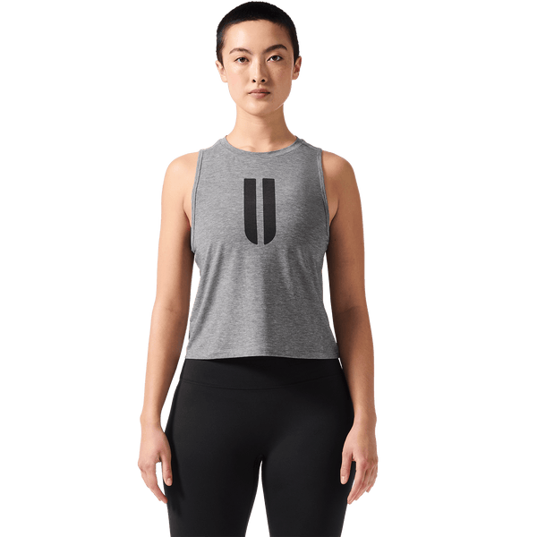 Women's Heather Grey U Muscle Tank Front Angle.
