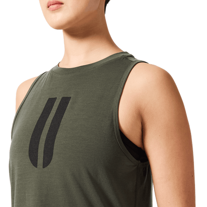 Women's Dark Army U Muscle Tank Front Detail Angle.