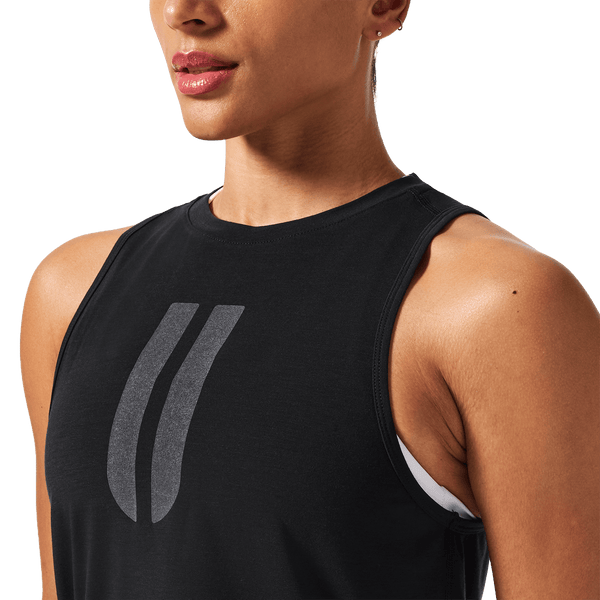 Women's Black Muscle U Tank Front Detail Angle.