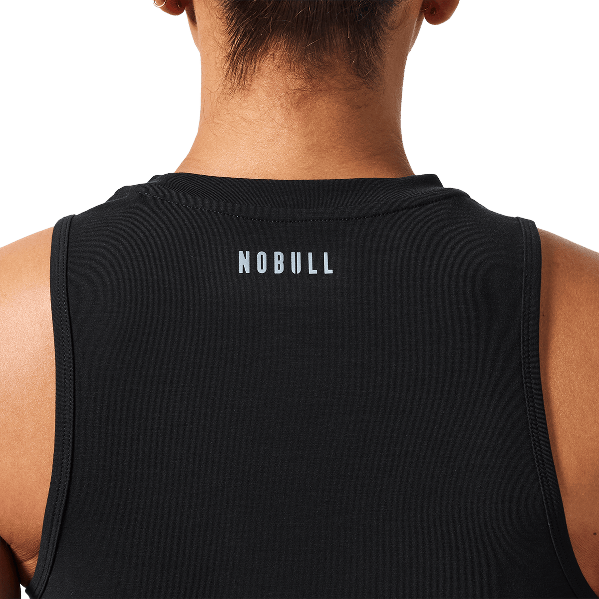 Women's Black Muscle U Tank Back Detail Angle.