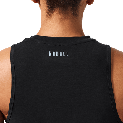 Women's Black Muscle U Tank Back Detail Angle.