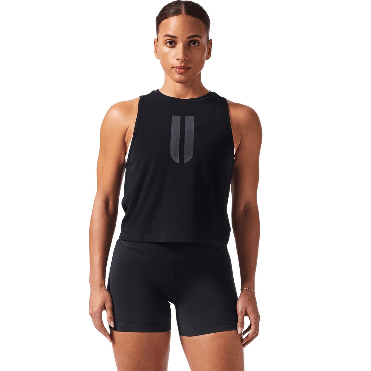 Women's Black Muscle U Tank Front Angle.