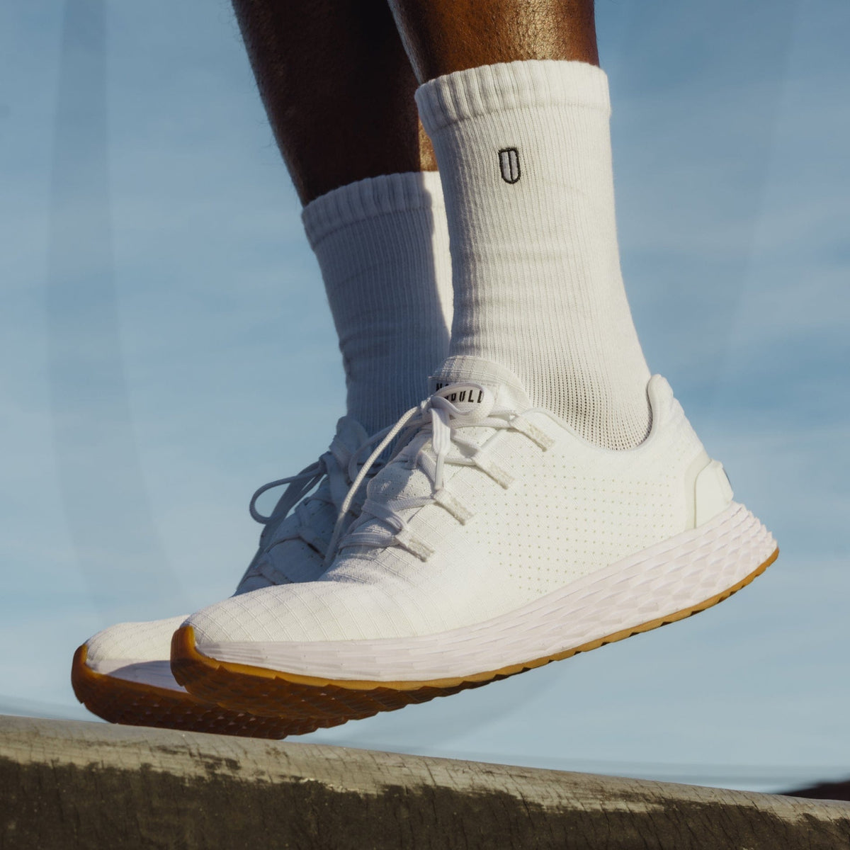 White Men's Allday Ripstop Shoe On Body Angle.