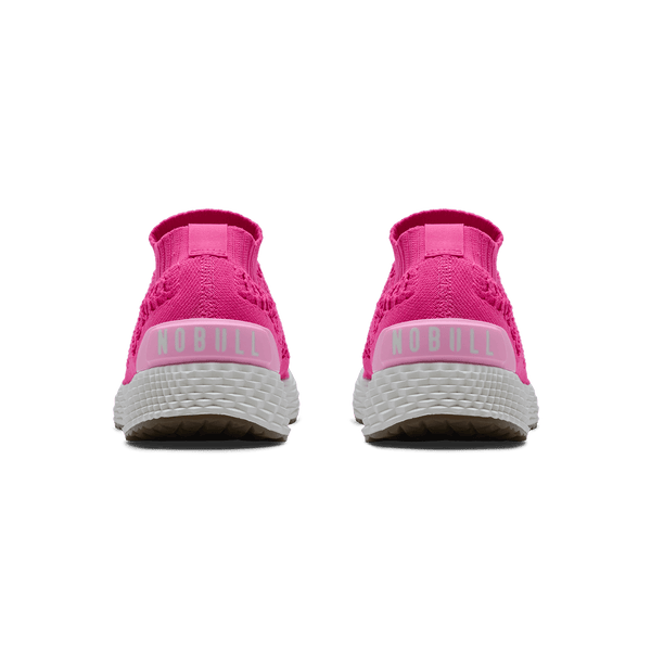 Neon Pink White Allday Knit Shoe Back Angle.