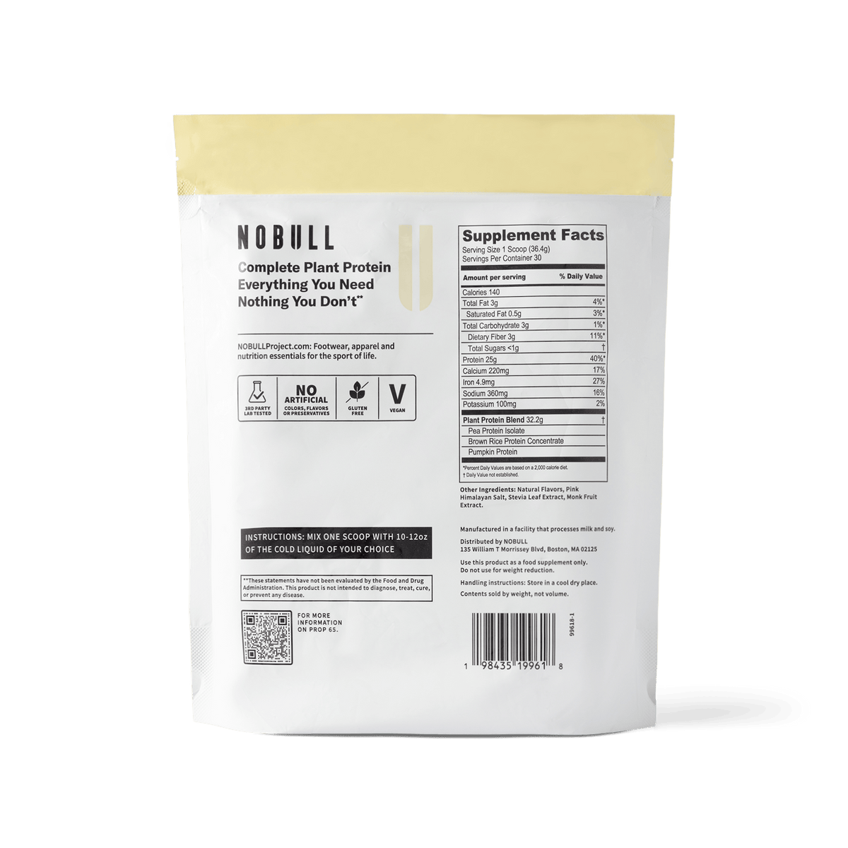 Vanilla Plant Protein, reverse of packaging